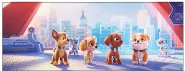  ?? Spin Master / TNS ?? Chase (from left, voiced by Iain Armitage), Rocky (Callum Shoniker), Skye (Lilly Bartlam), Zuma (Shayle Simons), Rubble (Keegan Hedley) and Marshall (Kingsley Marshall) in “Paw Patrol: The Movie.”