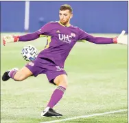  ?? Icon Sportswire via Getty Images ?? New England Revolution goalkeeper Matt Turner kicks the ball during a match against Toronto FC on Oct. 7. Turner has gone from Fairfield University to being one of the best at his position in Major League Soccer.
