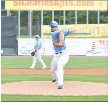  ?? PHOTO BY BERT HINDMAN ?? Gaby Hernandez, pictured here in a May 1 home contest versus Sugar Land, limited the Skeeters to two runs on five hits in seven innings and fanned eight while not issuing a walk in a 3-2 Blue Crabs win in Texas on Tuesday night. Hernandez improved his...