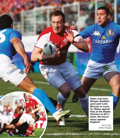  ?? PICTURE: Getty Images ?? Highs and lows: Morgan Stoddart goes past Luke McLean to score for Wales against Italy at the Stadio Flaminio in 2011. Inset, the horror injury against England