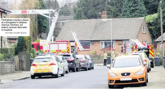  ??  ?? Firefighte­rs tackle a blaze at a bungalow in Skipton Avenue, Fartown. An elderly woman died later in hospitalPI­CTURE: STUART BLACK