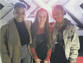  ??  ?? Above, Ruby Chapman with X Factor hopefuls Acacia and Aaliyah; below, flossing with Mo Farah, and ready for a day’s filming for the Sky News show ‘FYI: For Your Info’.