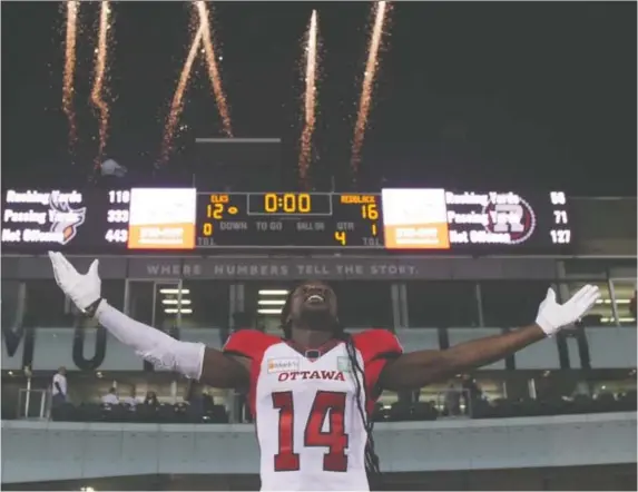  ?? JOSH O'CONNOR/OTTAWA REDBLACKS ?? Redblacks DB Abdul Kanneh celebrates his team's 16-12 win Saturday. Kanneh had two intercepti­ons, including the winning TD on a 102-yard return.