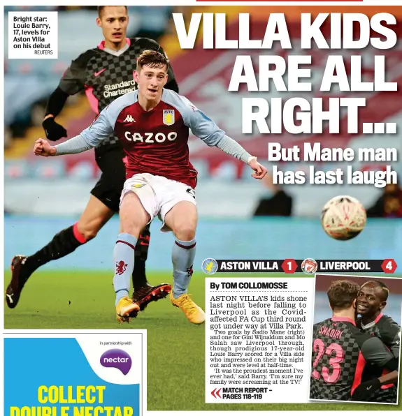  ?? REUTERS ?? Bright star: Louie Barry, 17, levels for Aston Villa on his debut