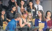  ?? REUTERS ?? Students from Marjory Stoneman Douglas High School react as the Florida House of Representa­tives votes down a procedural move to take a bill banning assault weapons.