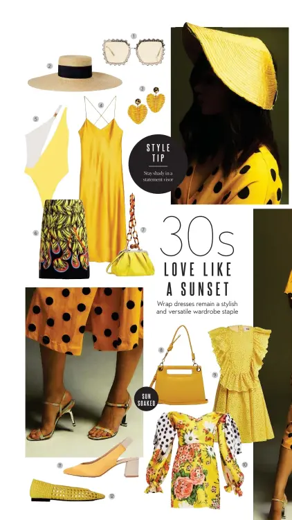  ??  ?? 30s
LOVE LIKE A SUNSET Wrap dresses remain a stylish and versatile wardrobe staple Yellow dotted wrap dress by ZARA, sunvisor by TOQA.TV, brass earrings by ORNATE MANILA and striped heels by CHARLES & KEITH