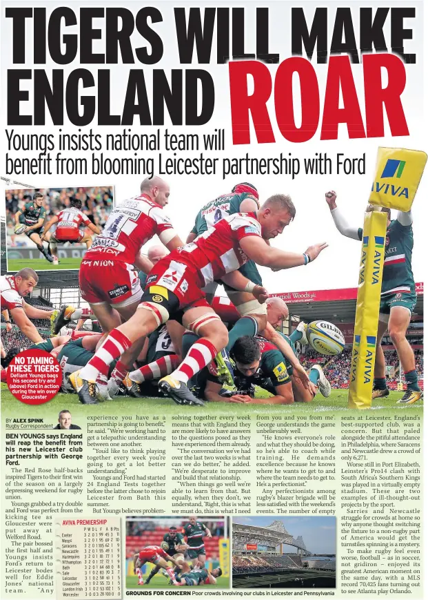  ??  ?? NO TAMING THESE TIGERS Defiant Youngs bags his second try and (above) Ford in action during the win over Gloucester GROUNDS FOR CONCERN Poor crowds involving our clubs in Leicester and Pennsylvan­ia