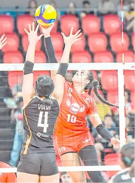  ?? PHOTOGRAPH COURTESY OF PVL ?? BROOKE Van Sickle rises to the occasion anew as Petro Gazz downs Farm Fresh, 25-21, 27-25, 25-19, in their PVL All-Filipino Conference match Thursday at the Philsports Arena in Pasig.