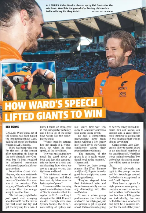  ?? Picture: GETTY IMAGES ?? ALL SMILES: Callan Ward is cheered up by Phil Davis after the win. Inset: Ward hits the ground after hurting his knee in a tackle with key Cat Gary Ablett.