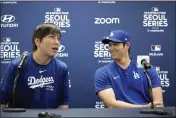  ?? LEE JIN-MAN — THE ASSOCIATED PRESS ?? The Dodgers' Shohei Ohtani, right, and his interprete­r, Ippei Mizuhara, attend at a news conference ahead of a workout at Gocheok Sky Dome in Seoul, South Korea, last Saturday.