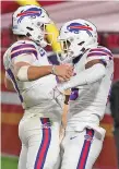  ?? ROSS D. FRANKLIN ASSOCIATED PRESS FILE PHOTO ?? Bills wide receiver Gabriel Davis, right, celebrates his touchdown with quarterbac­k Josh Allen on Monday night against the 49ers in Glendale, Ariz. Today, the Bills host the Steelers, who suffered their first loss last week.