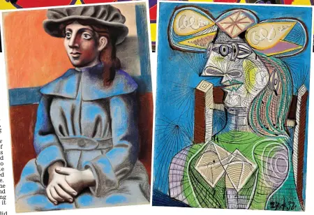  ??  ?? Making an exhibition: Top, Picasso’s Le Dejeuner Sur L’Herbe, after Manet, from 1962, bottom left, Girl In A Hat With Her Hands Clasped, 1921, and Seated Woman (Dora) from the late 1930s