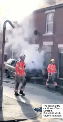  ??  ?? The scene of the car fire on Church Street in Dukinfield which caused a gas leak