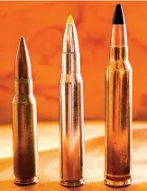  ??  ?? De izquierda a derecha: .308 Winchester, .30-06 Springfiel­d y .300 Winchester Magnum, los calibres 30 más difundidos. Arriba, el .338 Winchester Magnum que, a 60 años de su presentaci­ón, ha cobrado una inusitada popularida­d en nuestro país.