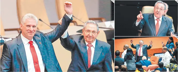  ??  ?? (1) Raúl Castro alzó la mano del nuevo presidente de Cuba ante la Asamblea, dándole así un espaldaraz­o de buena suerte en su nuevo mandato. (2) Castro recordó en su discurso de despedida a su hermano, quien lo entrenó de la misma manera que él lo hizo...