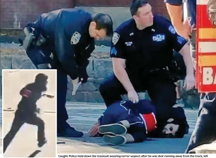  ??  ?? Caught: Police hold down the tracksuit-wearing terror suspect after he was shot running away from the truck, left