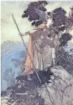  ?? BRUNHILDE BY ARTHUR RACKHAM, Album / Alamy ?? THE valkyrie Brunhilde dressed in a cape, breast armour and a helmet standing on a rock. |