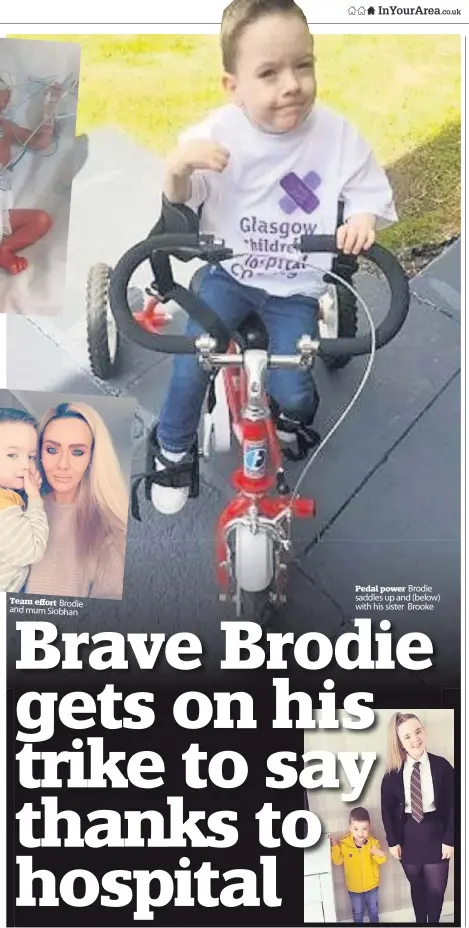  ??  ?? Pedal power Brodie saddles up and (below) with his sister Brooke