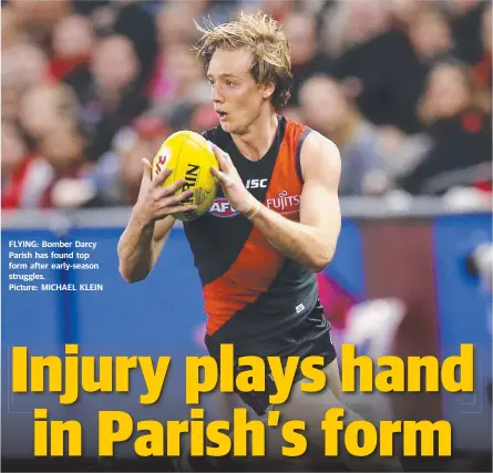  ?? Picture: MICHAEL KLEIN ?? FLYING: Bomber Darcy Parish has found top form after early-season struggles.