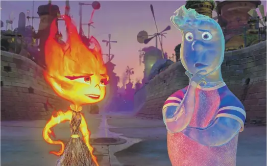  ?? DISNEY/PIXAR ?? Being made of fire, Ember (left, voice of Leah Lewis) is supposed to avoid the watery Wade (Mamoudou Athie) but can’t help liking him in “Elemental.”