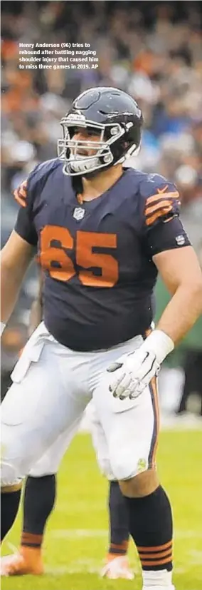  ??  ?? Henry Anderson (96) tries to rebound after battling nagging shoulder injury that caused him to miss three games in 2019. AP