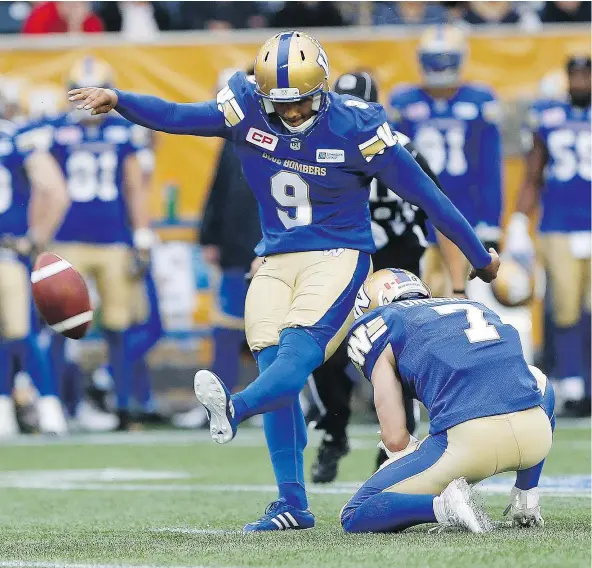  ?? — THE CANADIAN PRESS FILES ?? Winnipeg’s Justin Medlock has kicked 14 consecutiv­e field goals — one shy of his longest career streak.