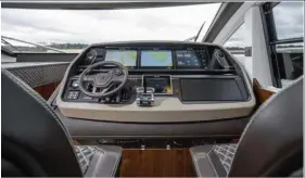  ??  ?? Les trois écrans Garmin et le panneau de contrôle moteur développé par Fairline témoignent du haut niveau d’instrument­ation.