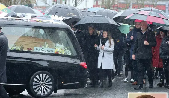  ?? ?? Final farewell: Mourners at the funeral of Michael Kelly, inset, in Hacketstow­n, Co. Carlow yesterday