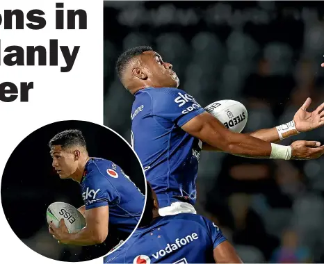  ?? GETTY ?? One positive for the Warriors was the way fullback Roger Tuivasa-Sheck, left, and winger David Fusitu’a defended well and made good metres. But the side failed to capitalise on their dominance in possession and territory.