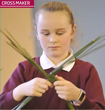  ??  ?? Ciara Whyte making a St. Brigid’s cross in Scoil Phadraig Naofa Kilcurry.