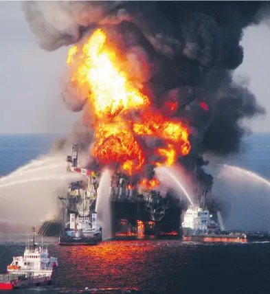  ?? U.S. COAST GUARD VIA GETTY IMAGES ?? Fire boats battle flames on the Deepwater Horizon on April 21, 2010, a day after a massive expolsion rocked the rig.