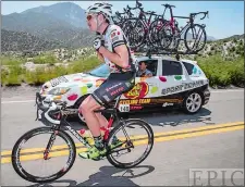  ?? PHOTO COURTESY OF BEN WOLFE ?? Old Lyme’s Ben Wolfe takes a breather during the Tour of California.