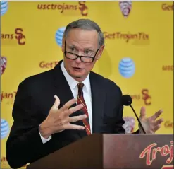  ??  ?? Southern California athletic director Pat Haden speaks with the media during a press conference after an NCAA college football practice Oct. 13.