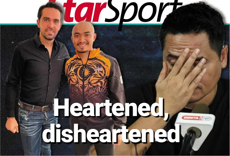  ?? ?? Positive cycle, painful kick: Track cyclist Azizulhasn­i Awang posing with Spain’s Tour de France legend Alberto Contador in Mallorca while Teremgganu football team coach Nafuzi Zain reacts after firing a salvo at the management during a press conference.