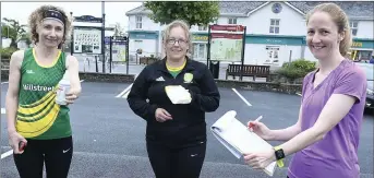  ??  ?? Ensuring Covid Safety Compliance ahead of an internal Millstreet AC Run were Frances Ring, Maeve OSullivan and Denise Quilter. Picture John Tarrant