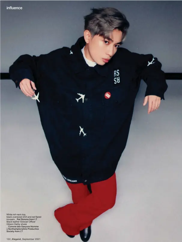  ??  ?? White roll-neck top, black oversized shirt and red flared trousers _ Raf Simons from I.T
Black leather Solovair Officer Gibson Derby shoes
_ Comme des Garçons Homme x Northampto­nshire Productive Society from I.T