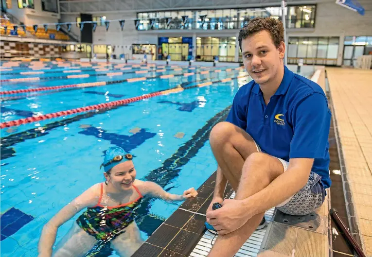  ??  ?? Aidan Withington, swim coach at Capital Swim Club based at Kilbirnie Pool Wellington. He is working with Special Olympian Mary Fischer. Photos: JOHN NICHOLSON/FAIRFAX NZ