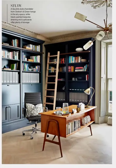  ??  ?? STUDY
A Sputnik-style chandelier from Graham & Green hangs in the airy space, while black-painted bespoke shelving and cupboards offer plenty of storage