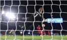  ?? Laurence Griffiths/Getty Images ?? Kasper Schmeichel saves Mohamed Salah’s penalty in the first half. Photograph: