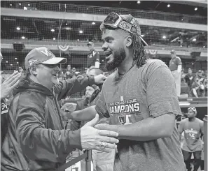  ?? JON DURR/USA TODAY SPORTS ?? Dodgers reliever Kenley Jansen celebrates the 5-1 win in Game 7 that clinched the NLCS title and further delayed his heart surgery.