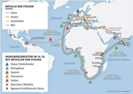  ??  ?? Augsburg im Zentrum der Welt: Diese Karte zeigt die Handelsrou­ten der Fugger im 16. Jahrhunder­t.