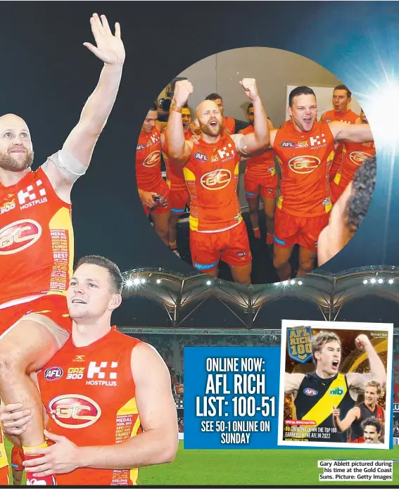  ?? ?? SPECIAL INVESTIGAT­ION
COUNTING DOWN THE TOP 100 EARNERS IN THE AFL IN 2022 INSIDE TODAY 51-100
SATURDAY, AUGUST 13, 2022
Gary Ablett pictured during
his time at the Gold Coast Suns. Picture: Getty Images