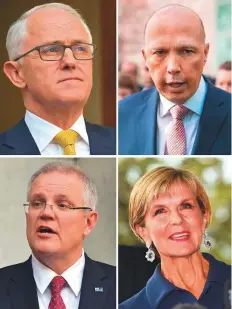  ?? AFP ?? This combinatio­n picture shows Australia’s Prime Minister Malcolm Turnbull (top left), Peter Dutton (top right), Treasurer Scott Morrison (bottom left) and Deputy Prime Minister Julie Bishop (bottom right).