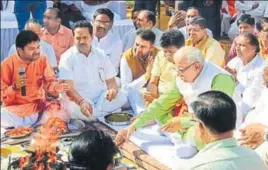  ??  ?? Haryana chief minister Manohar Lal Khattar during the groundbrea­king ceremony of the BJP office in Panchkula on Monday. SANT ARORA/HT