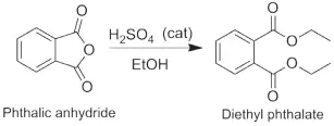  ?? ?? Phthalates are produced industrial­ly by the acid catalysed reaction of phthalic anhydride with excess alcohol. The synthesis of diethyl phthalate is illustrate­d in this graphic.