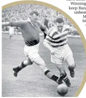  ??  ?? George Young tackles Neil Mochan in 1956 during Rangers’ unbeaten run at Celtic Park