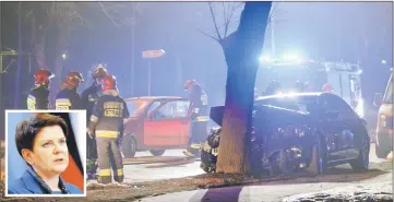  ??  ?? Firefighte­r officers inspect a site and Polish Prime Minister’s Beata Szydlo’s car after an accident in Oswiecim, Poland after car accident in Oswiecim, Poland. (Inset) Beata Szydlo. — AFP photo