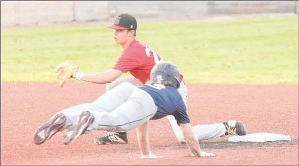  ?? RICK PECK/SPECIAL TO MCDONALD COUNTY PRESS ?? McDonald County shortstop Tucker Walters tags out a Joplin runner during McDonald County’s 2-2 tie with Joplin in an 8-on-8 league game on June 3 at Joe Becker Stadium in Joplin.