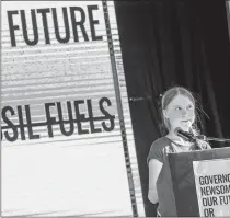  ?? Los Angeles Times/tns ?? Swedish teen climate activist Greta Thunberg speaks at the Youth Climate Strike Los Angeles event on Friday, Nov. 1 in Los Angeles.