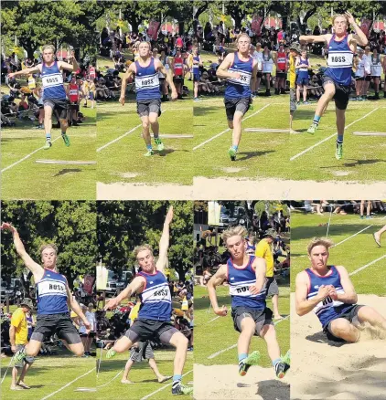  ?? PHOTOS: MIKE IDOUR ?? Record breaker . . . Taylor Mechen (17) jumping 12.45m to break the triple jump record at yesterday’s John McGlashan College athletics sports at the school.